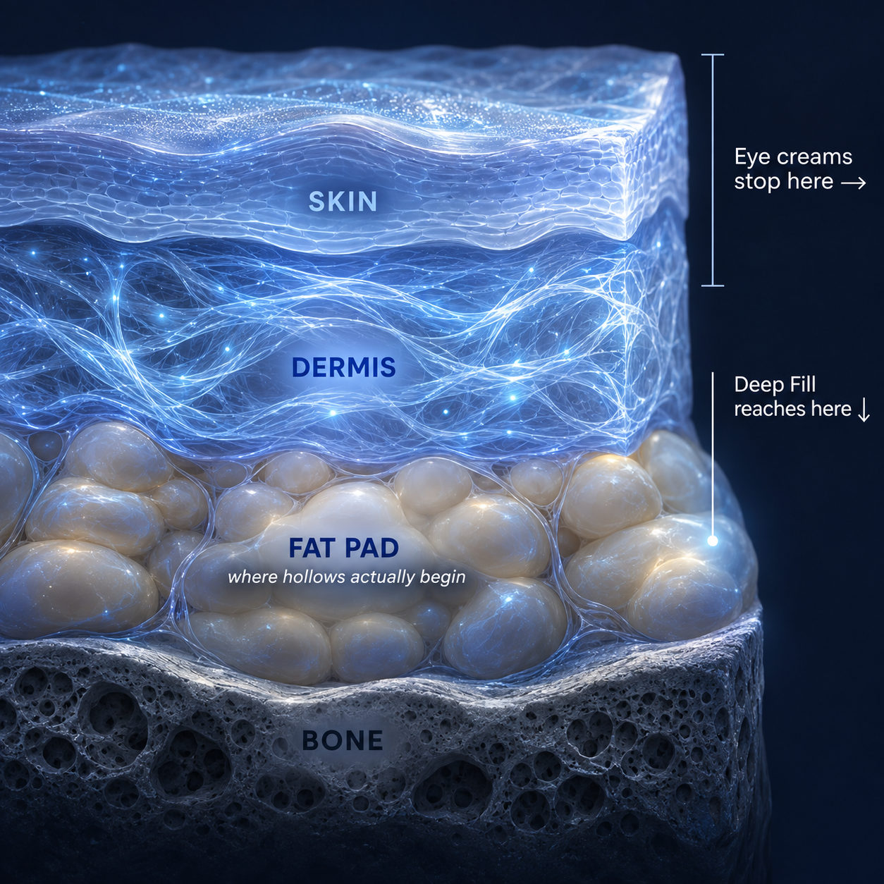 Four layers of skin — surface, dermis, fat pad, bone