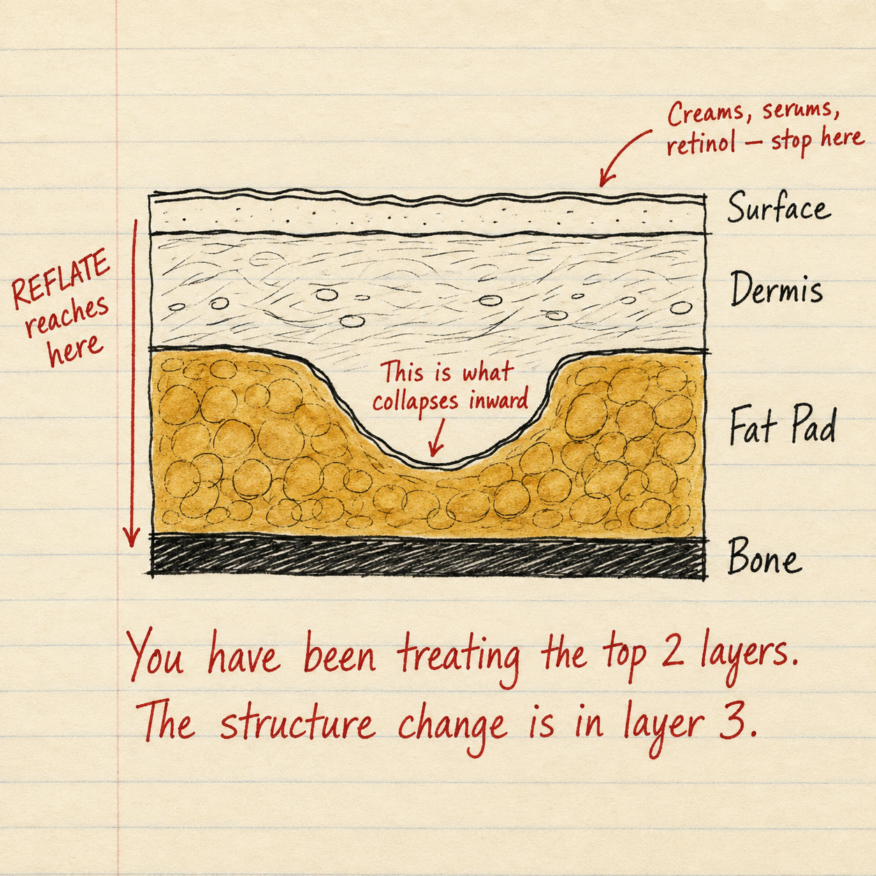 Four layers of face — surface, dermis, fat pad, bone