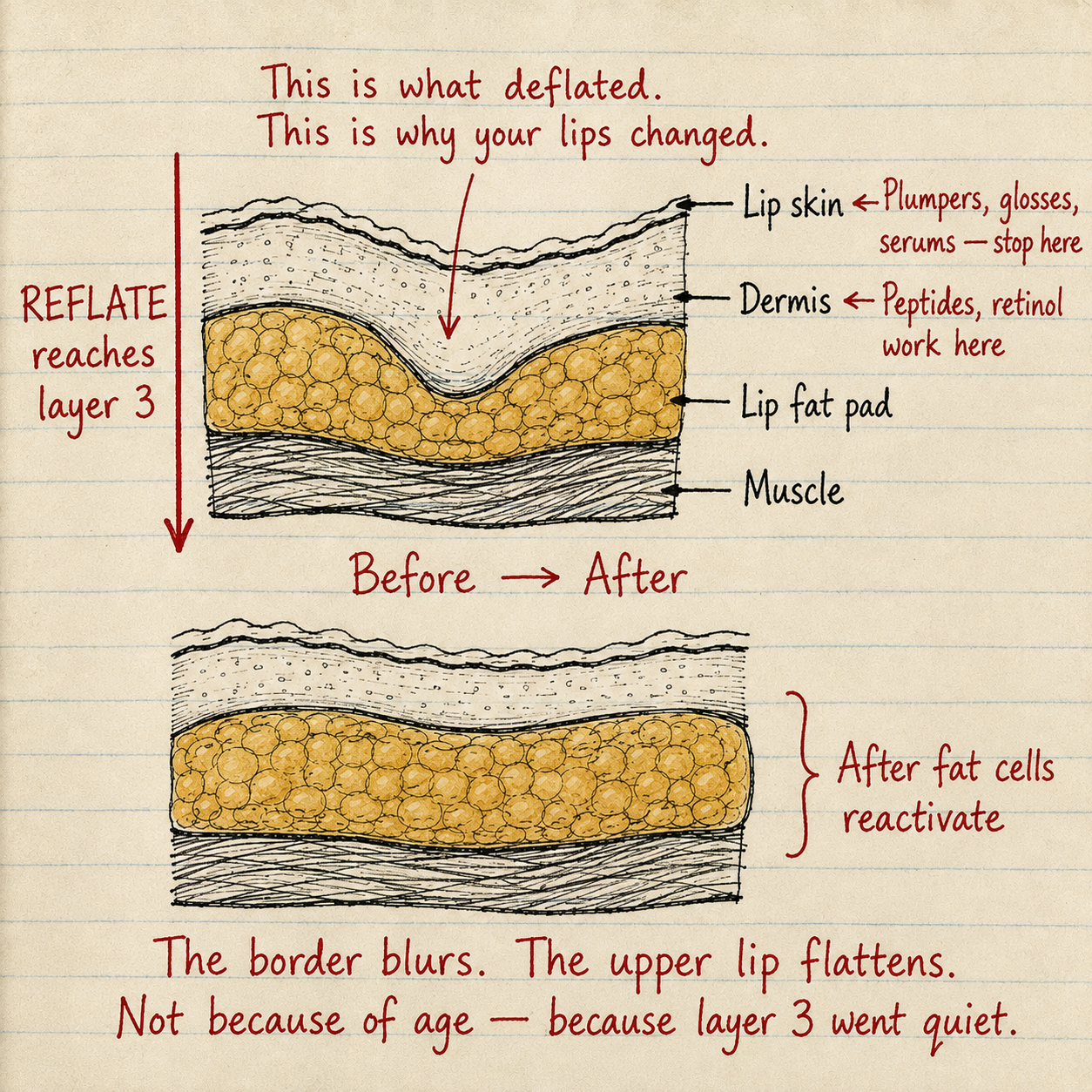 Four layers of face — surface, dermis, fat pad, bone